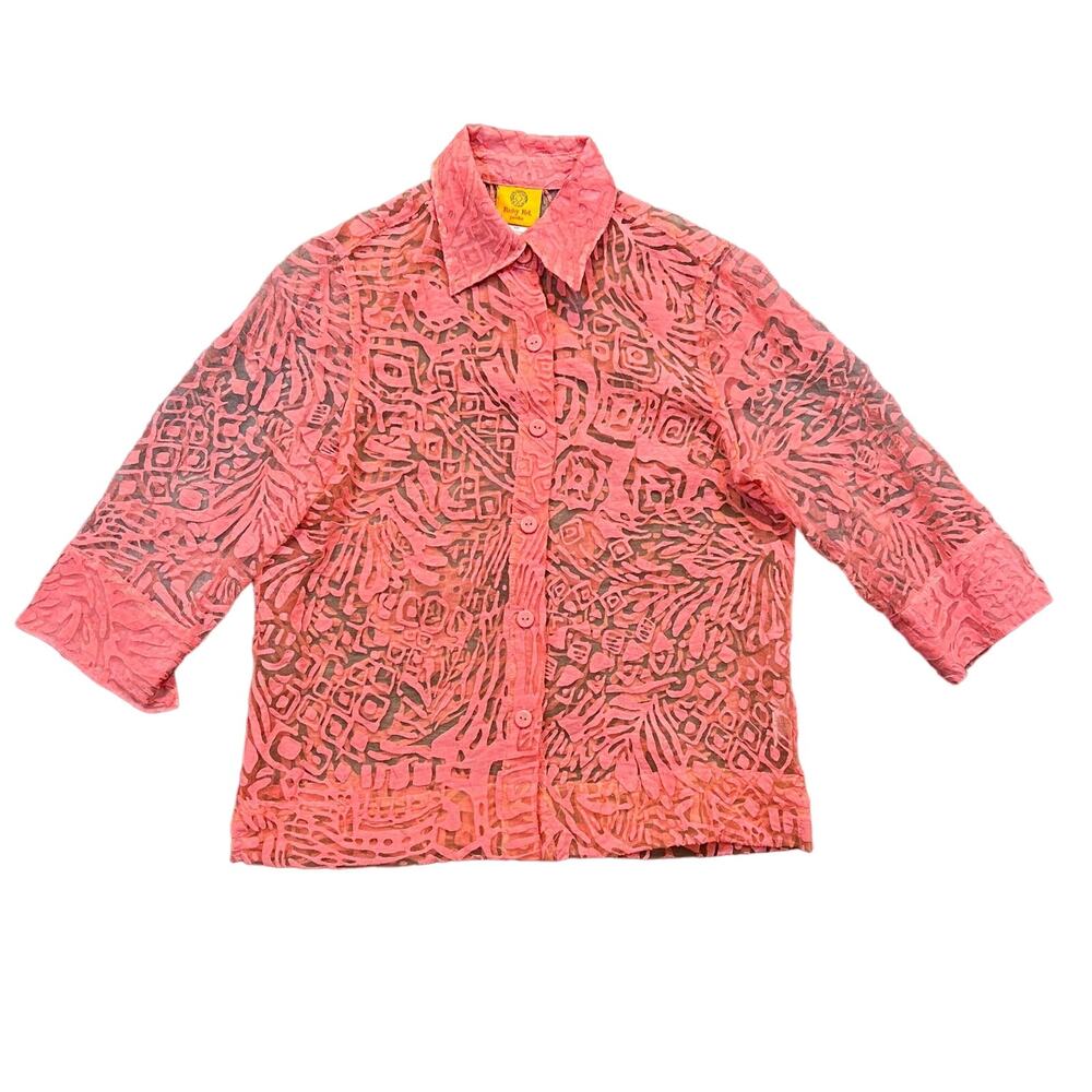 Ruby Rd. Petite Sheer Coral Lace 3/4 Sleve Button Up Collared Shirt Womans 6P